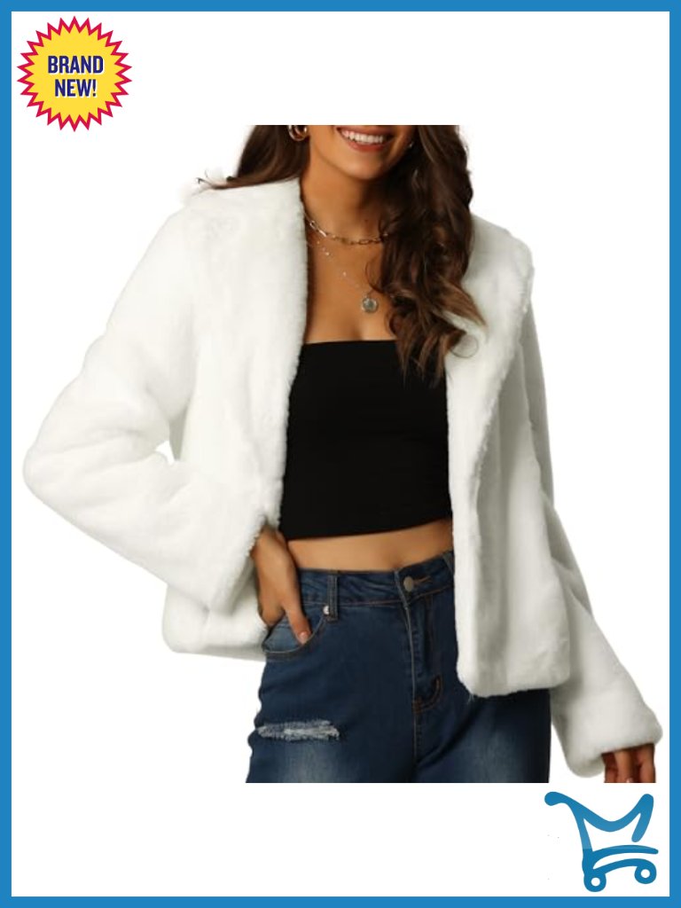 Cropped Faux Fur Coat Open Front Notch Lapel Long Sleeve Fluffy Winter Jacket